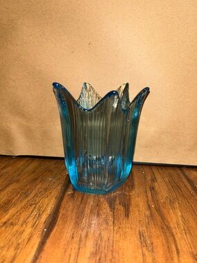Vintage Clear Blue Vase Candle Holder Handkerchief Ribbed 5” Tall MCM